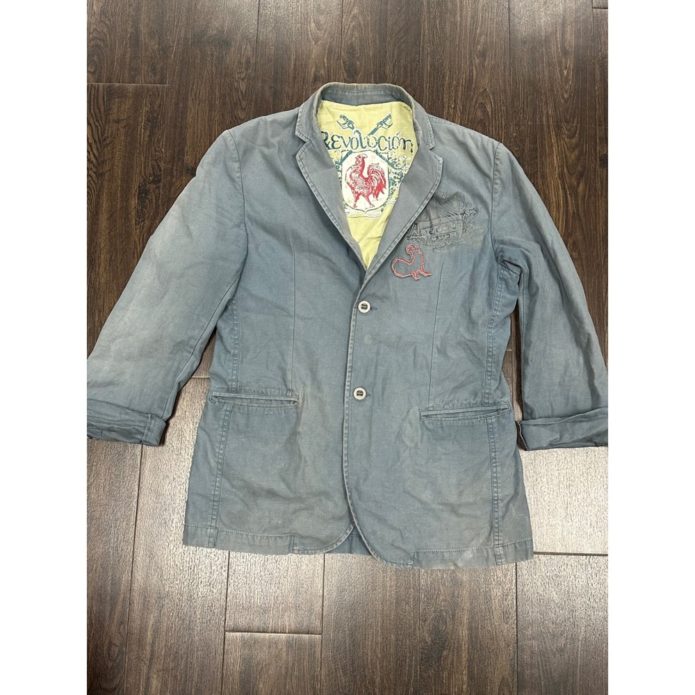 Revolución Men's Denim Blazer Jacket Large Rooster Graphic Distressed Streetwear